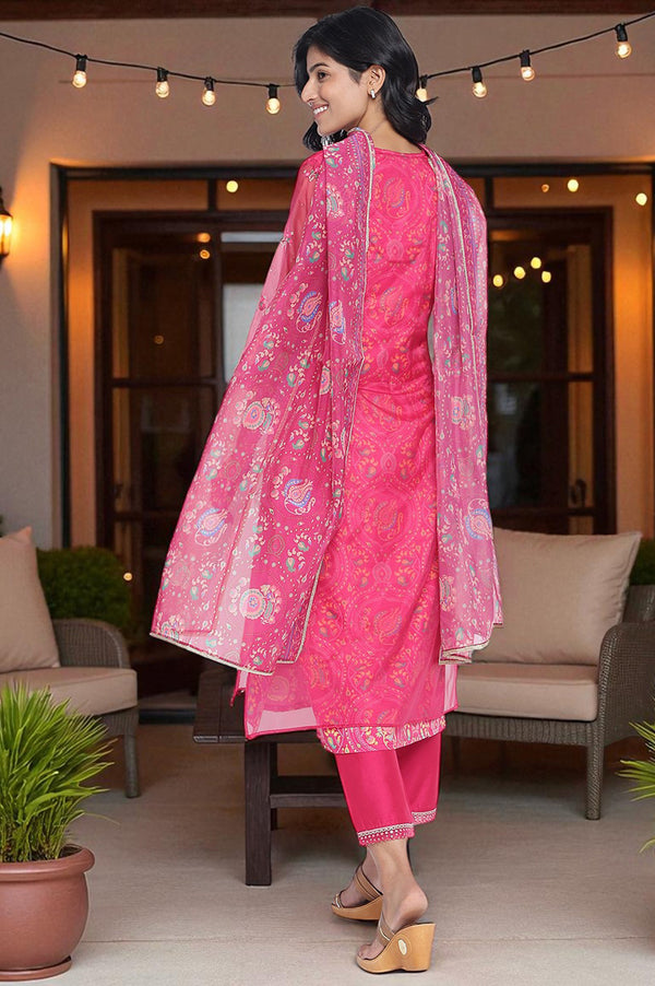 Fuschia Pink Printed Rayon Straight Kurta, Straight Pant and Dupatta Set