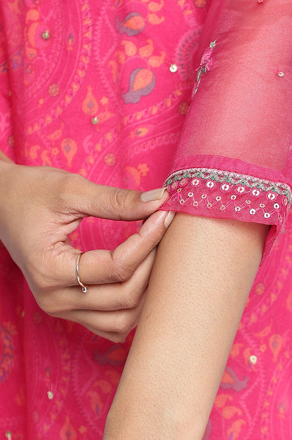 Fuschia Pink Printed Rayon Straight Kurta, Straight Pant and Dupatta Set