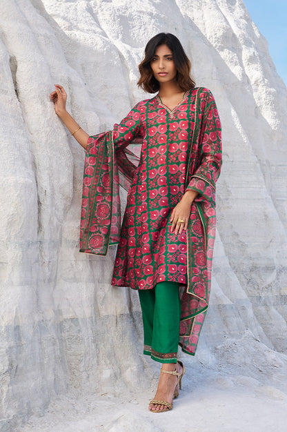 Green Printed Zari Embroidered Straight Kurta with Pants and Organza Dupatta