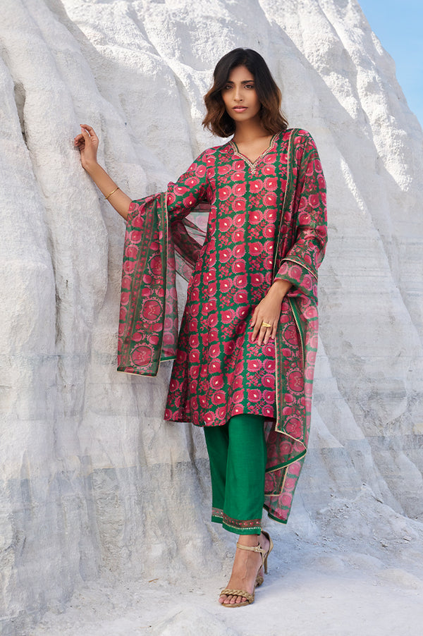 Green Printed Zari Embroidered Straight Kurta with Pants and Organza Dupatta