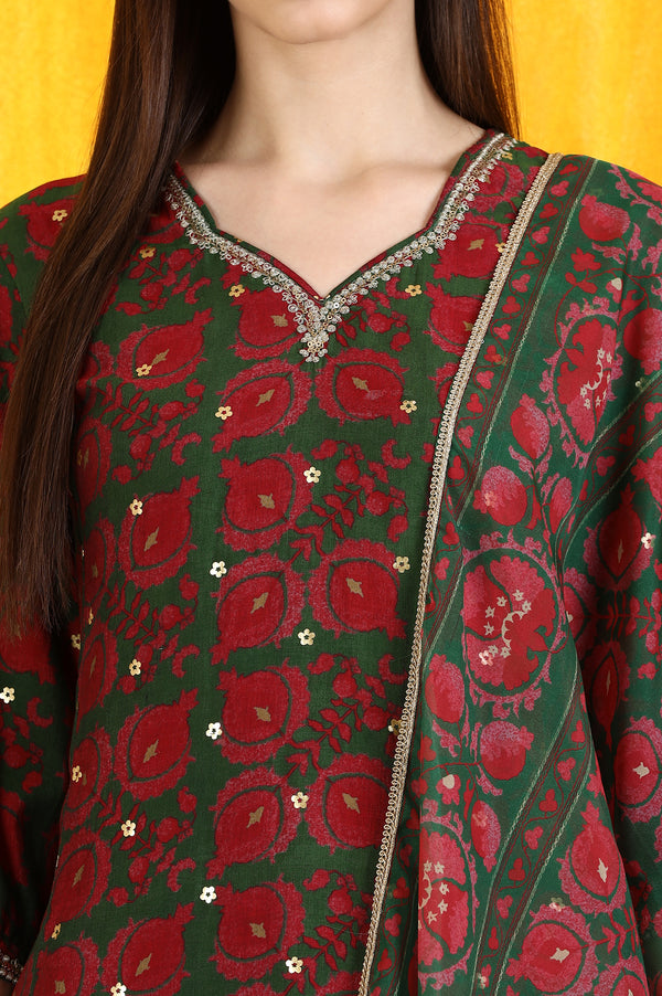 Green Printed Zari Embroidered Straight Kurta with Pants and Organza Dupatta