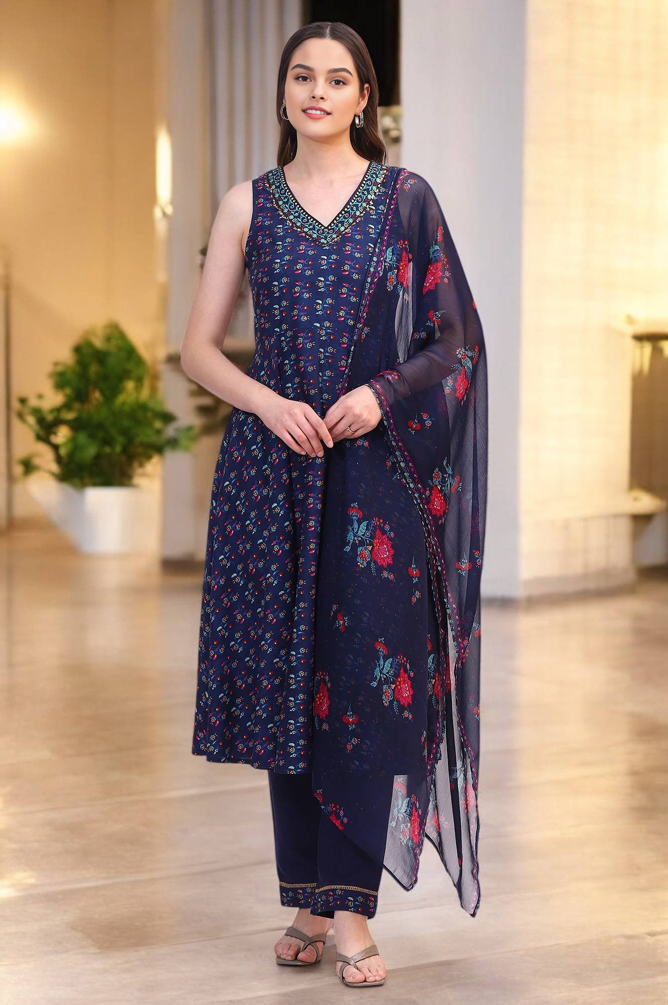 Deep Blue Floral Foil Printed Sleeveless Rayon Anarkali Kurta, Straight Pants and Dupatta Set
