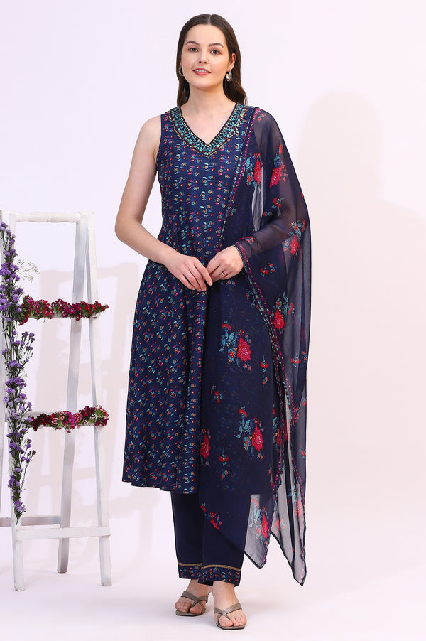 Deep Blue Floral Foil Printed Sleeveless Rayon Anarkali Kurta, Straight Pants and Dupatta Set