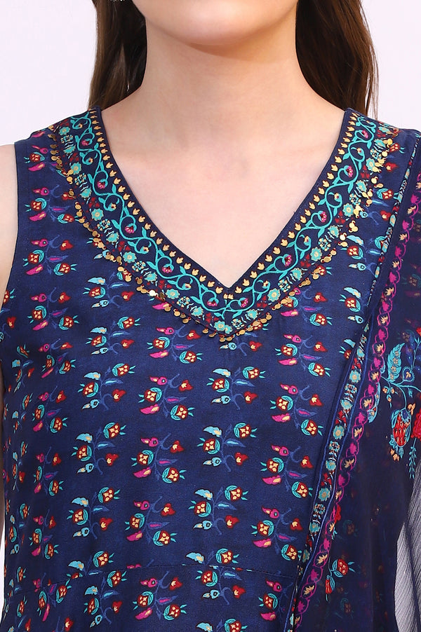 Deep Blue Floral Foil Printed Sleeveless Rayon Anarkali Kurta, Straight Pants and Dupatta Set
