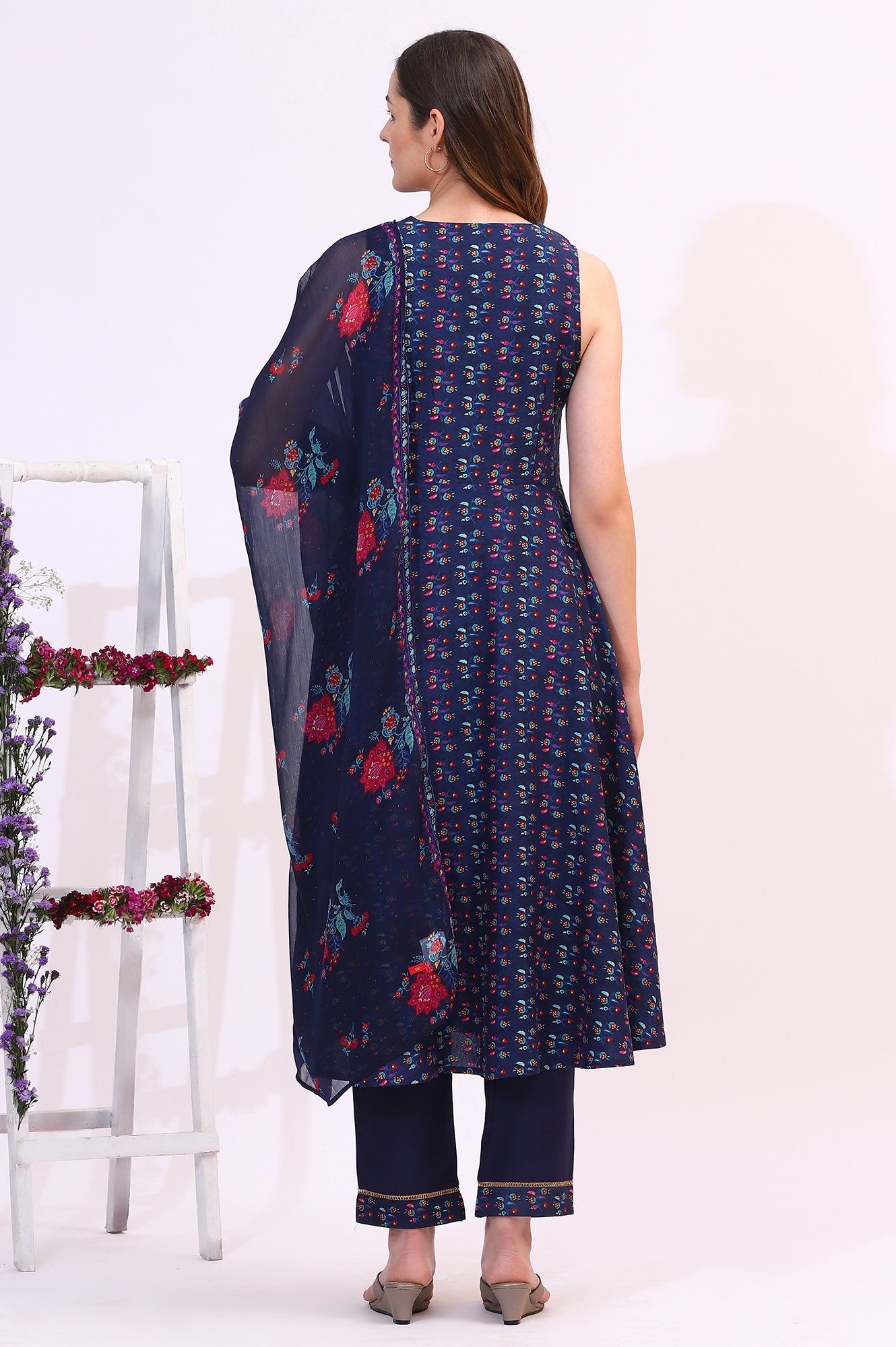 Deep Blue Floral Foil Printed Sleeveless Rayon Anarkali Kurta, Straight Pants and Dupatta Set