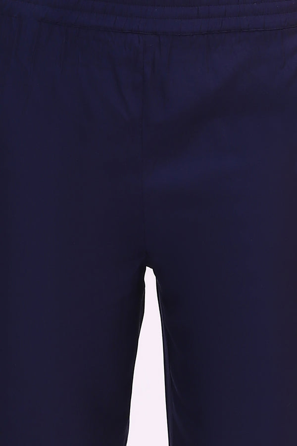 Deep Blue Floral Foil Printed Sleeveless Rayon Anarkali Kurta, Straight Pants and Dupatta Set