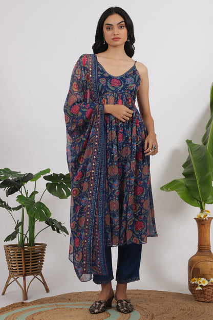 Blue Floral Printed Chiffon Spaghetti Kurta, Pants and Dupatta Set