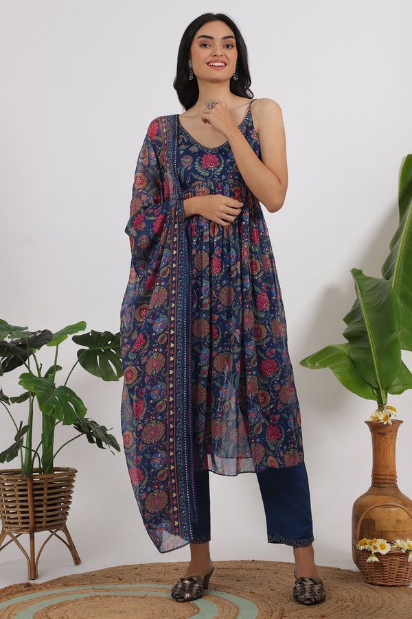 Blue Floral Printed Chiffon Spaghetti Kurta, Pants and Dupatta Set