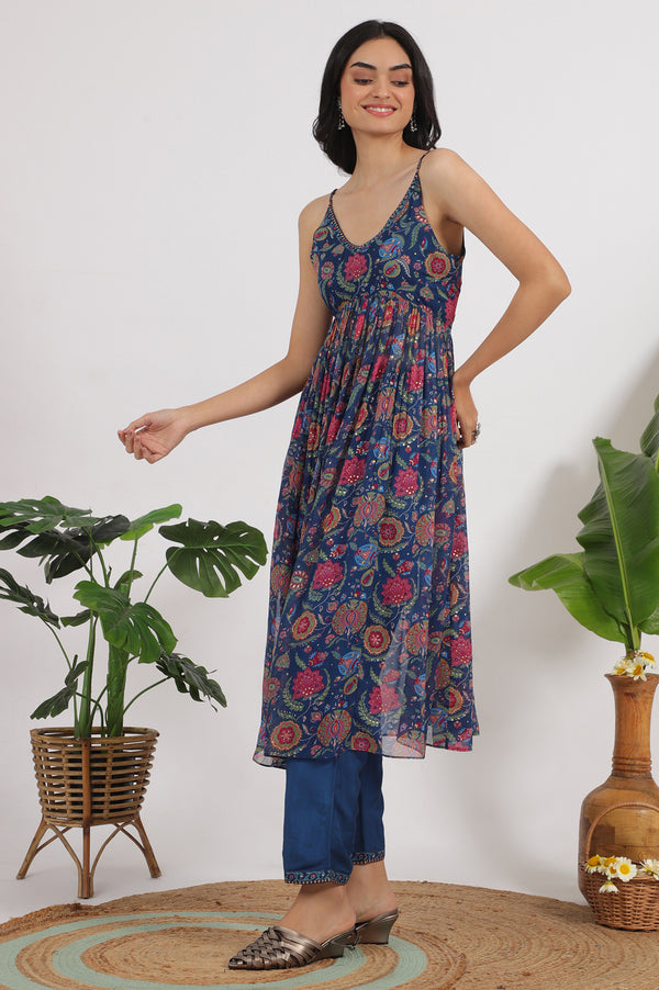 Blue Floral Printed Chiffon Spaghetti Kurta, Pants and Dupatta Set