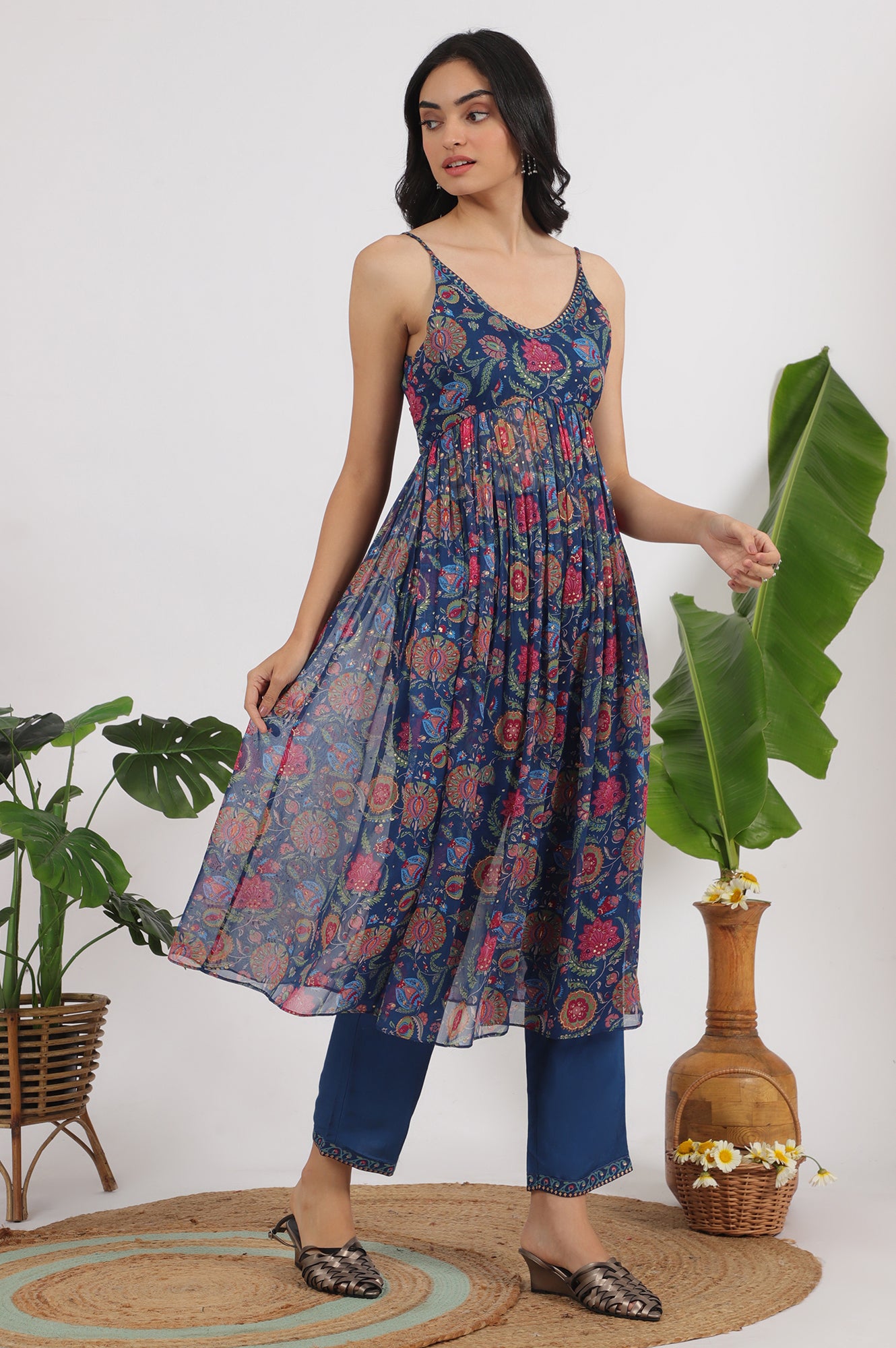 Blue Floral Printed Chiffon Spaghetti Kurta, Pants and Dupatta Set