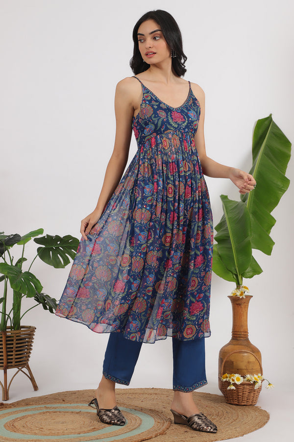 Blue Floral Printed Chiffon Spaghetti Kurta, Pants and Dupatta Set