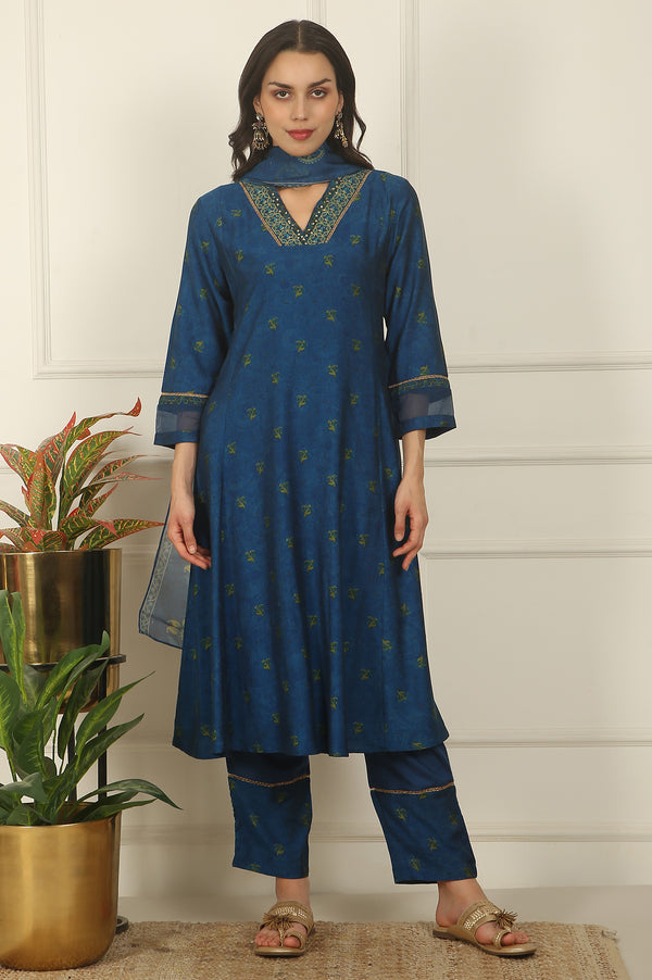Blue Floral Printed Embroidered Flared Kurta, Pants and Dupatta Set