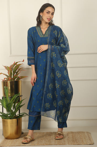 Blue Floral Printed Embroidered Flared Kurta, Pants and Dupatta Set