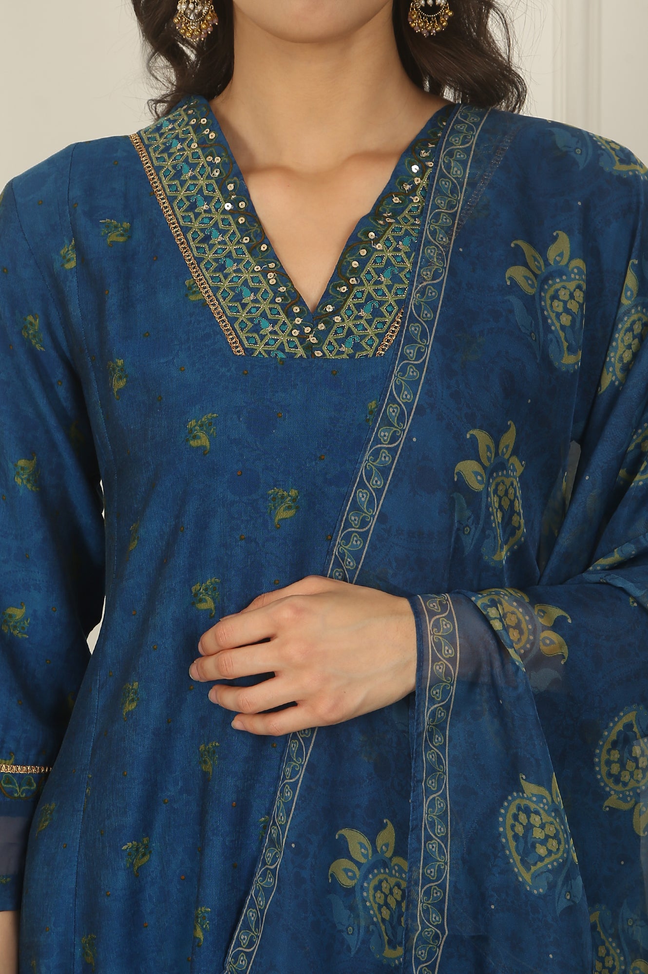 Blue Floral Printed Embroidered Flared Kurta, Pants and Dupatta Set