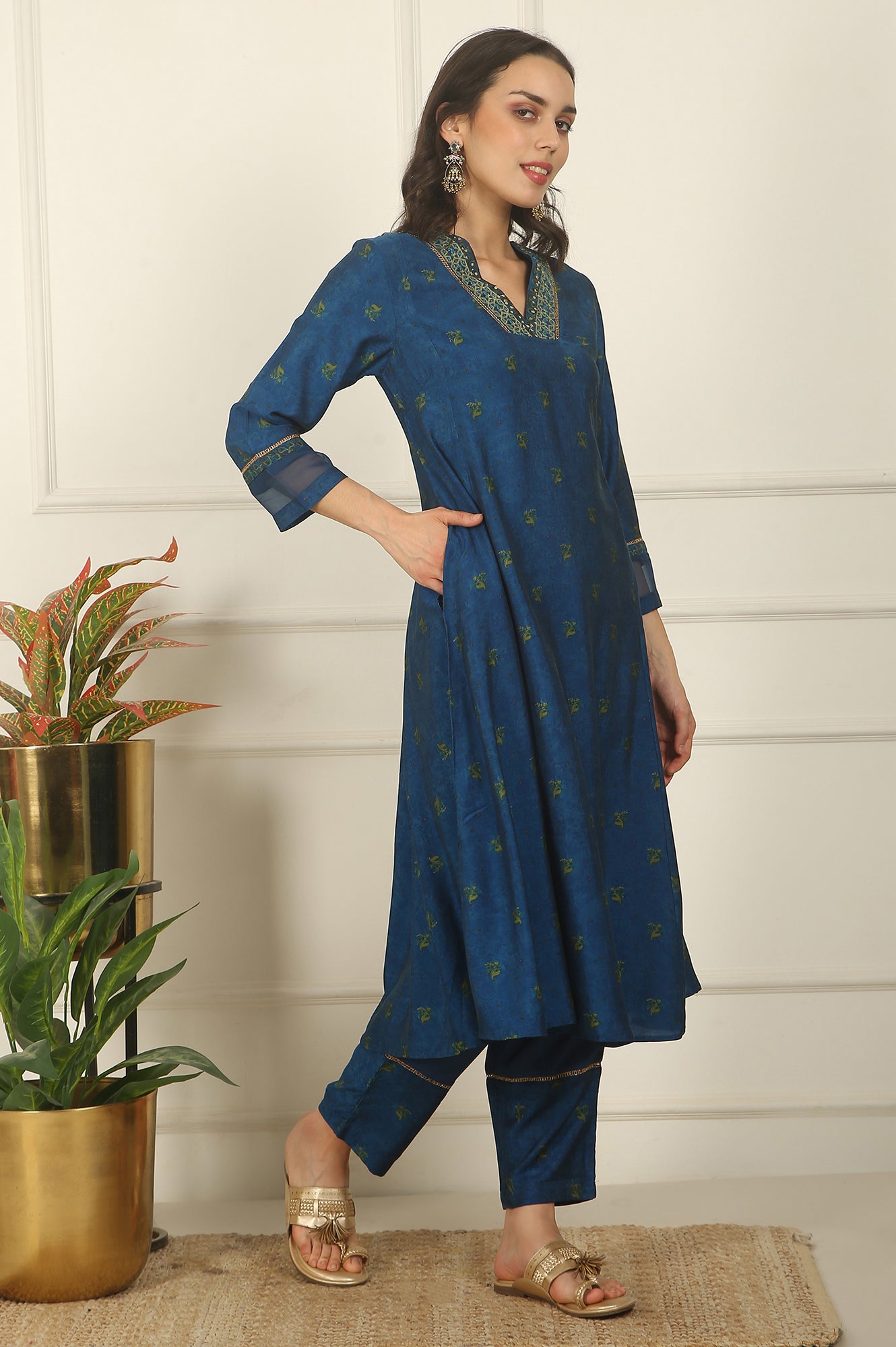 Blue Floral Printed Embroidered Flared Kurta, Pants and Dupatta Set
