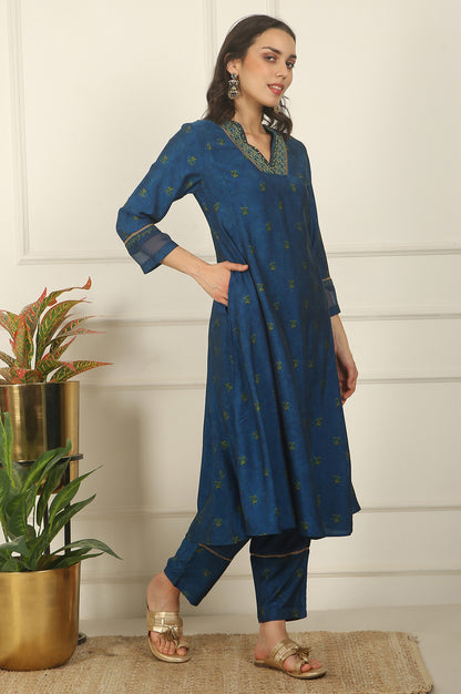 Blue Floral Printed Embroidered Flared Kurta, Pants and Dupatta Set
