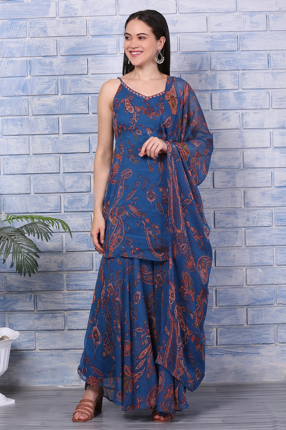 Blue Paisley Printed Chiffon Spaghetti Flared Short Kurta, Sharara and Dupatta Set - M