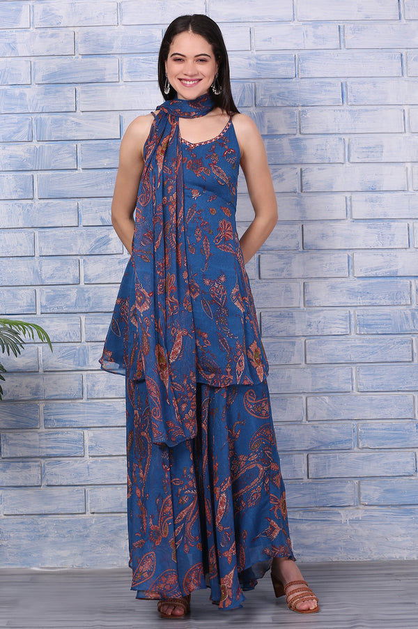 Blue Paisley Printed Chiffon Spaghetti Flared Short Kurta, Sharara and Dupatta Set