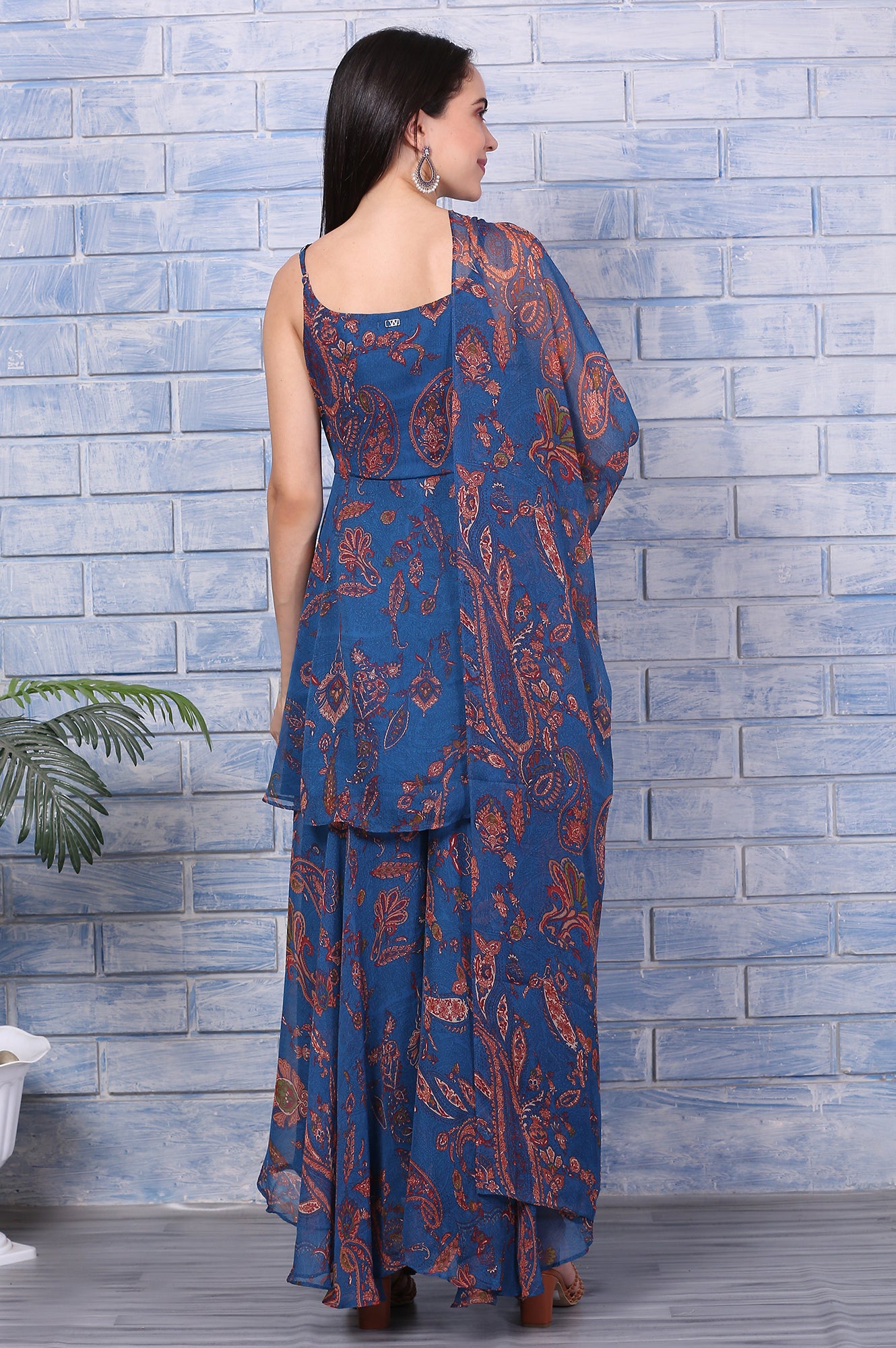 Blue Paisley Printed Chiffon Spaghetti Flared Short Kurta, Sharara and Dupatta Set