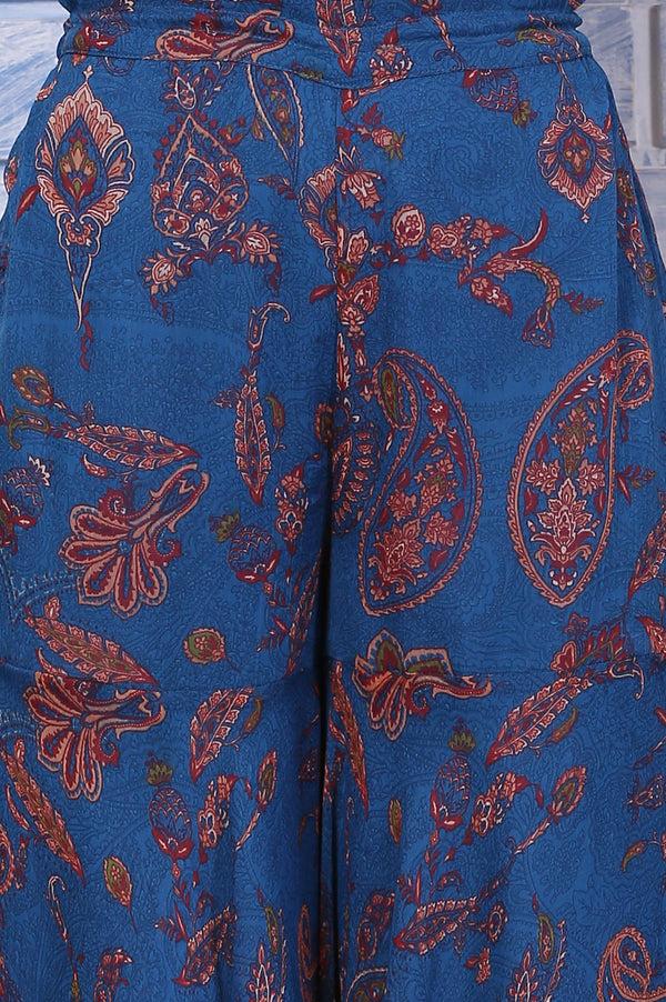 Blue Paisley Printed Chiffon Spaghetti Flared Short Kurta, Sharara and Dupatta Set