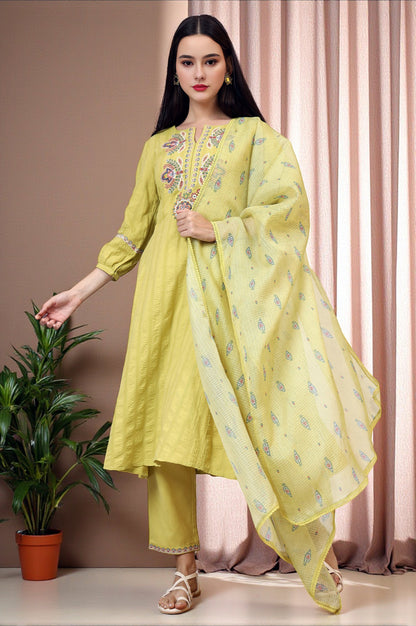 Light Green Embroidered Textured Cotton Flared Kurta, Pants and Dupatta Set