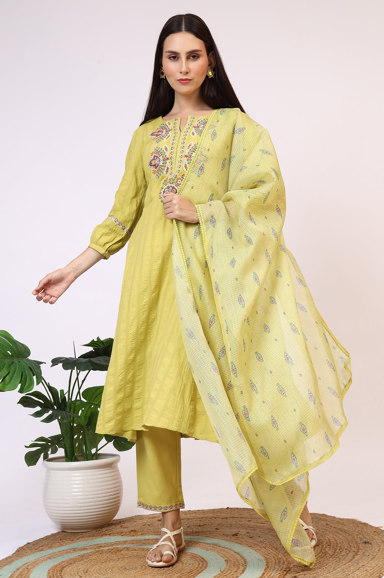 Light Green Embroidered Textured Cotton Flared Kurta, Pants and Dupatta Set