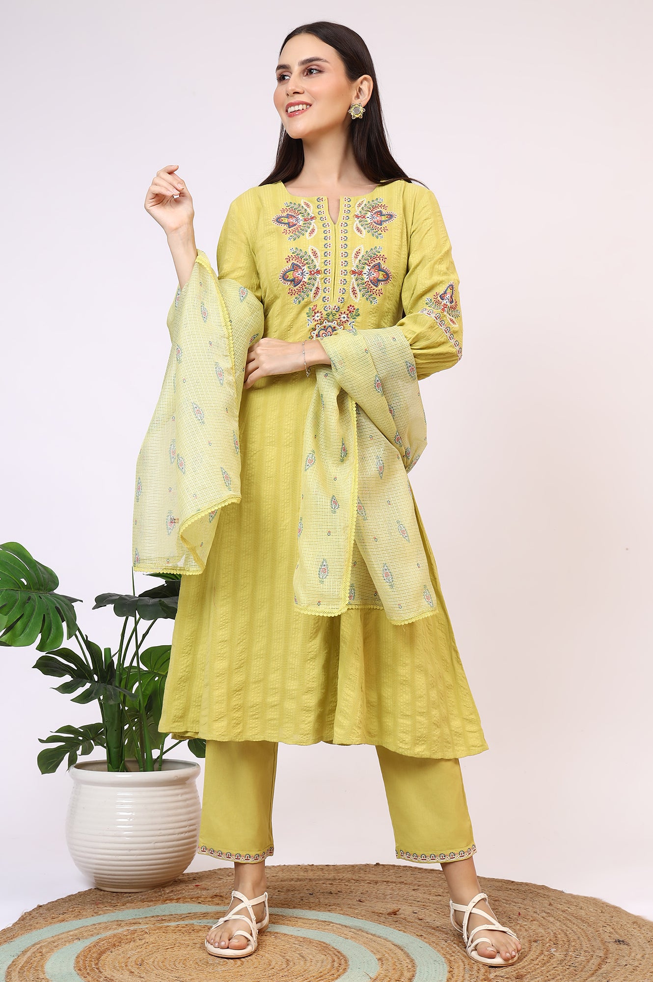 Light Green Embroidered Textured Cotton Flared Kurta, Pants and Dupatta Set