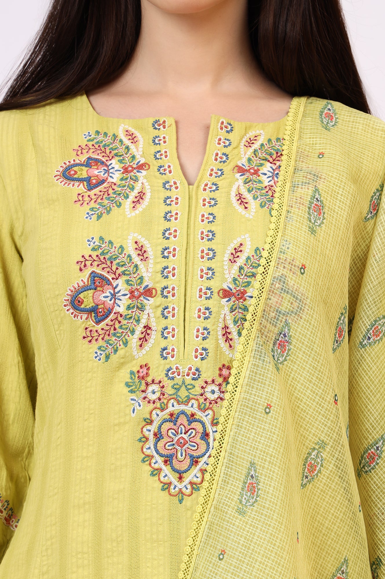 Light Green Embroidered Textured Cotton Flared Kurta, Pants and Dupatta Set