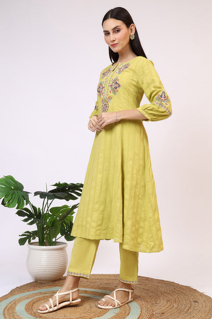 Light Green Embroidered Textured Cotton Flared Kurta, Pants and Dupatta Set