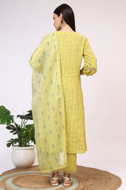 Light Green Embroidered Textured Cotton Flared Kurta, Pants and Dupatta Set