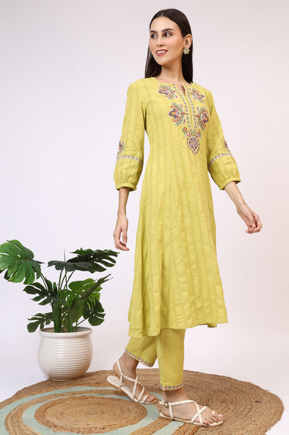 Light Green Embroidered Textured Cotton Flared Kurta, Pants and Dupatta Set