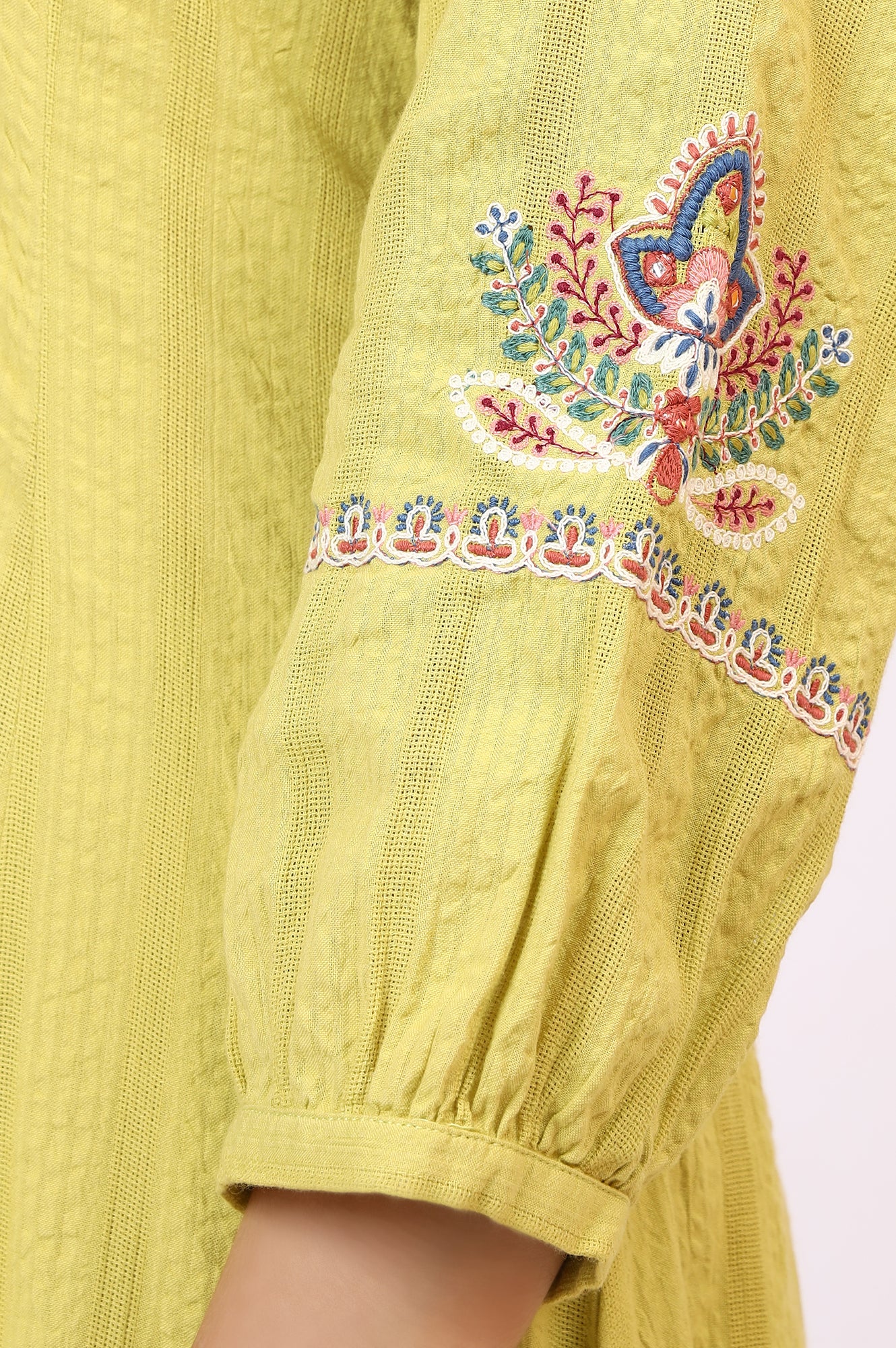 Light Green Embroidered Textured Cotton Flared Kurta, Pants and Dupatta Set