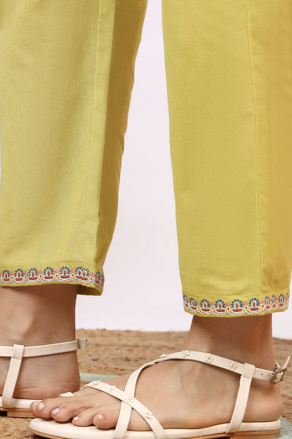 Light Green Embroidered Textured Cotton Flared Kurta, Pants and Dupatta Set