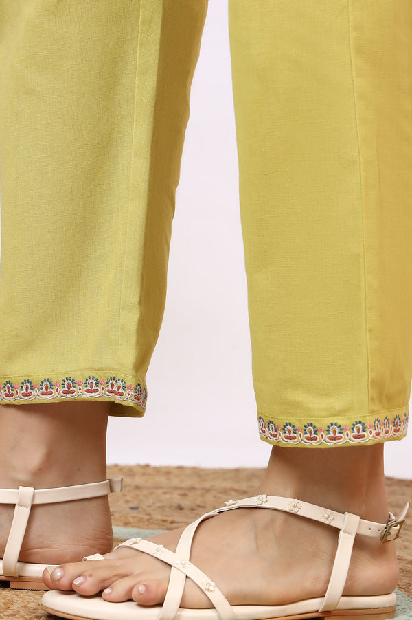 Light Green Embroidered Textured Cotton Flared Kurta, Pants and Dupatta Set
