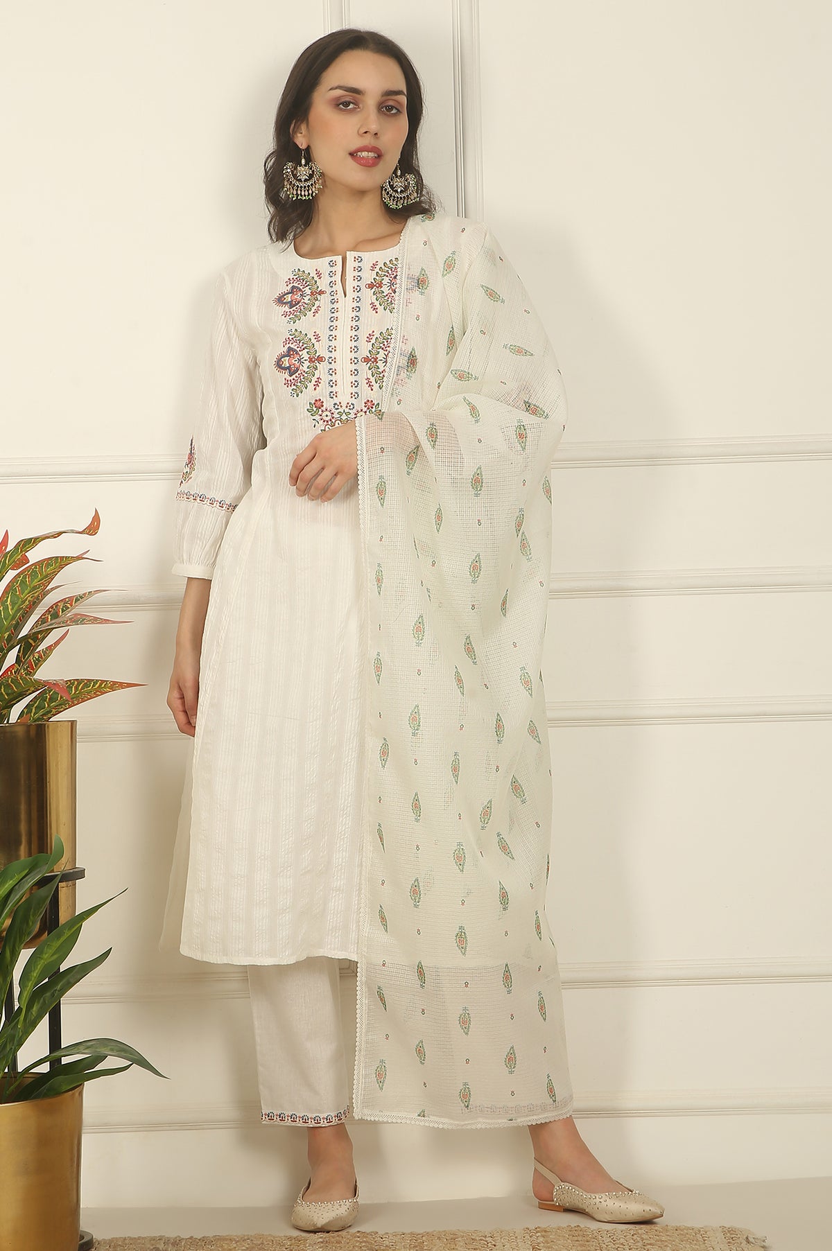 White Thread Embroidered Pure Cotton Flared Kurta, Pants and Dupatta Set - XS