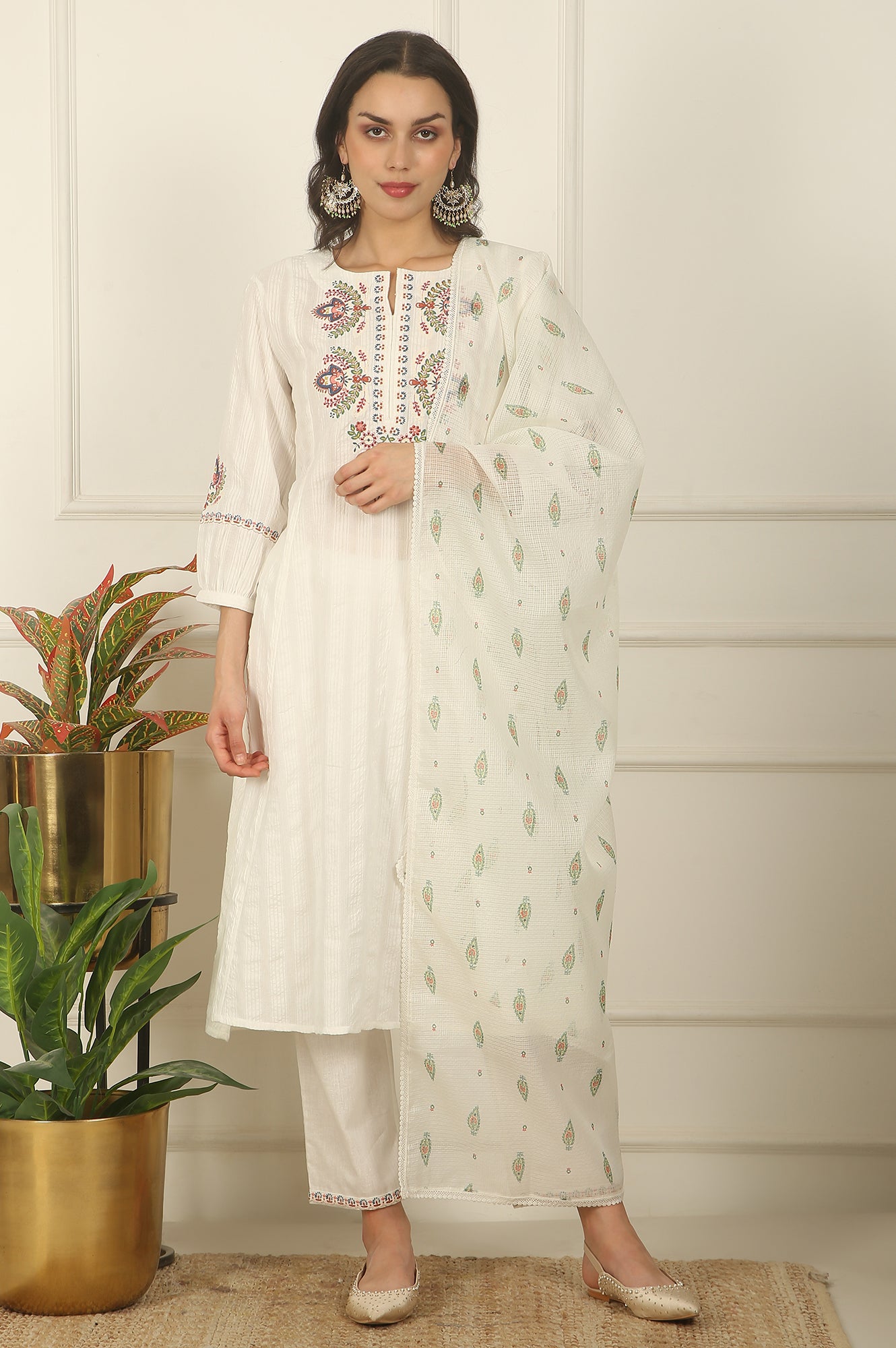 White Thread Embroidered Pure Cotton Flared Kurta, Pants and Dupatta Set