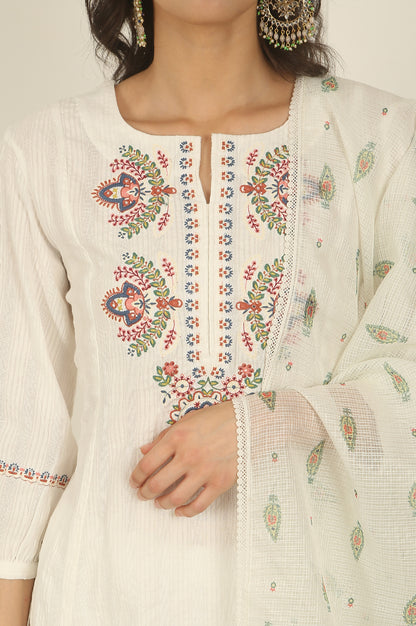 White Thread Embroidered Pure Cotton Flared Kurta, Pants and Dupatta Set