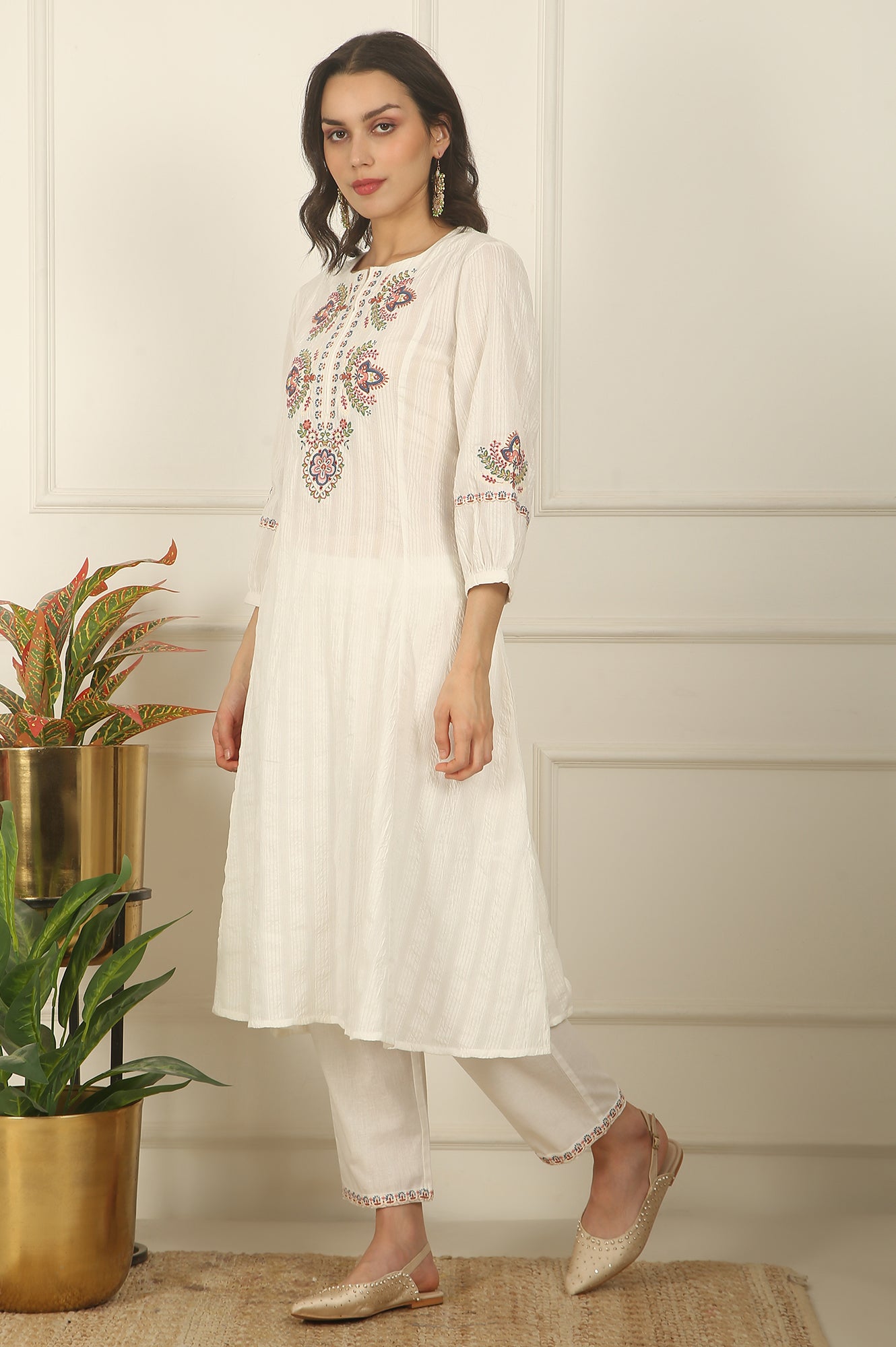 White Thread Embroidered Pure Cotton Flared Kurta, Pants and Dupatta Set