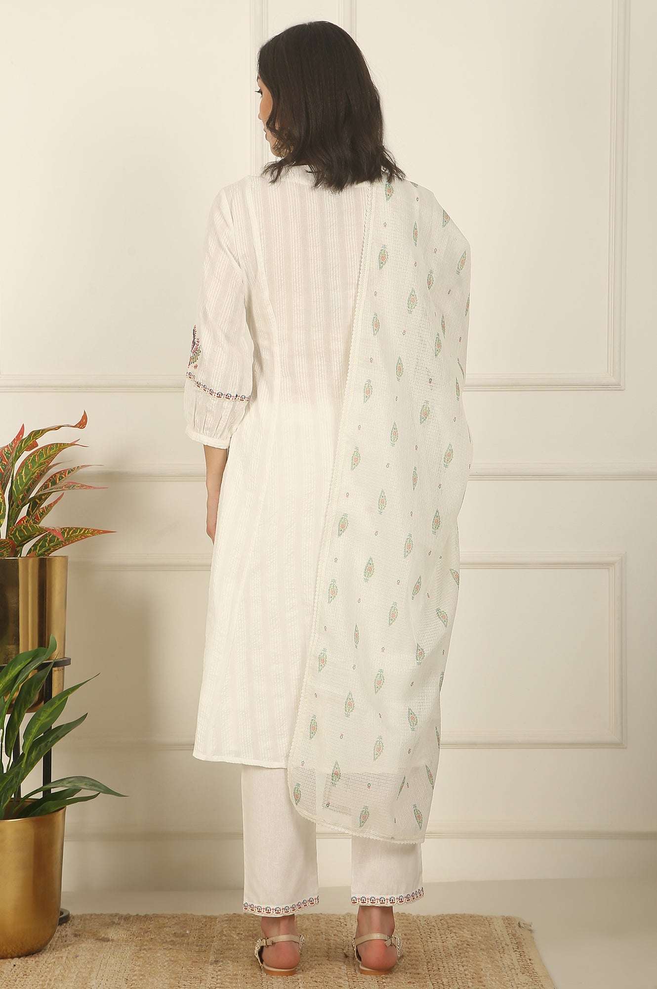 White Thread Embroidered Pure Cotton Flared Kurta, Pants and Dupatta Set