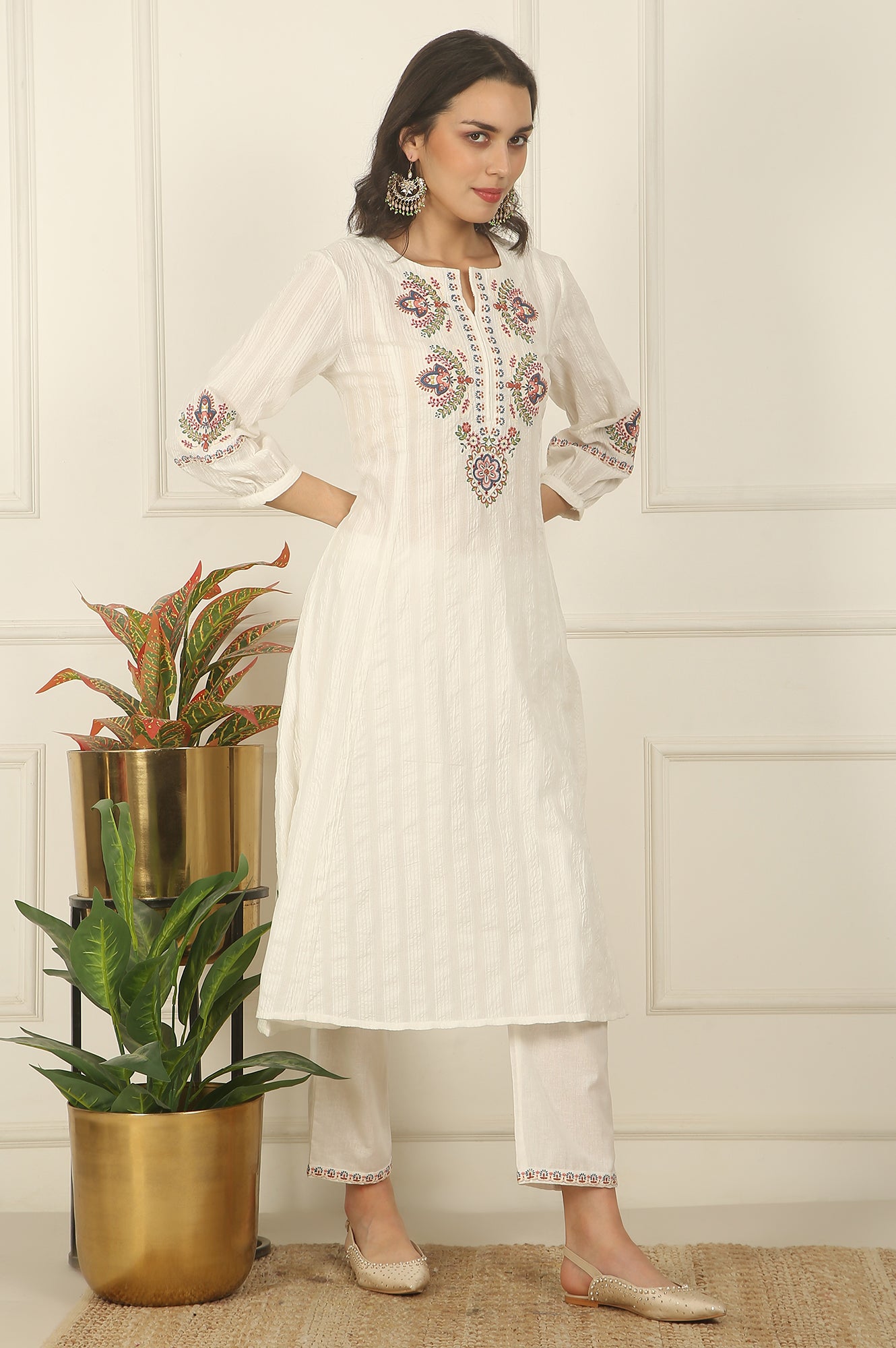 White Thread Embroidered Pure Cotton Flared Kurta, Pants and Dupatta Set
