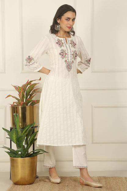 White Thread Embroidered Pure Cotton Flared Kurta, Pants and Dupatta Set