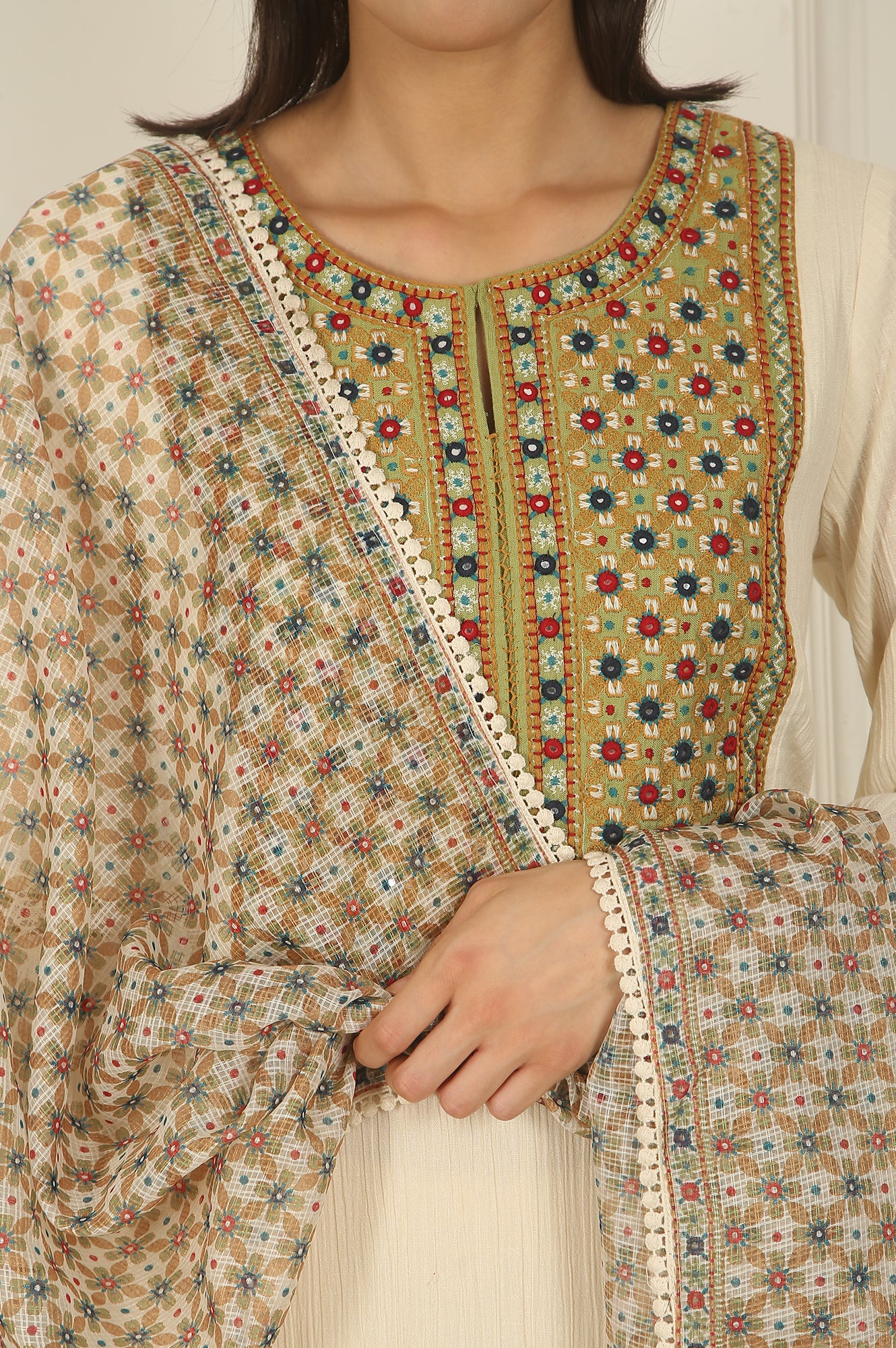 White Embroidered Yoke Cotton Crepe A-line Kurta, Pants and Dupatta Set