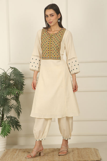 White Embroidered Yoke Cotton Crepe A-line Kurta, Pants and Dupatta Set