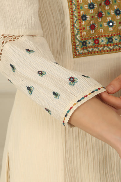 White Embroidered Yoke Cotton Crepe A-line Kurta, Pants and Dupatta Set