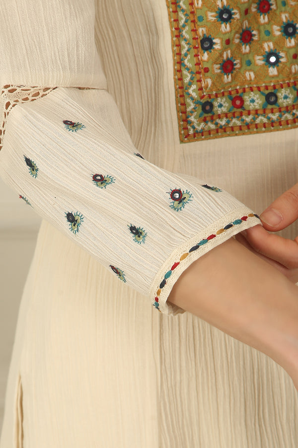 White Embroidered Yoke Cotton Crepe A-line Kurta, Pants and Dupatta Set