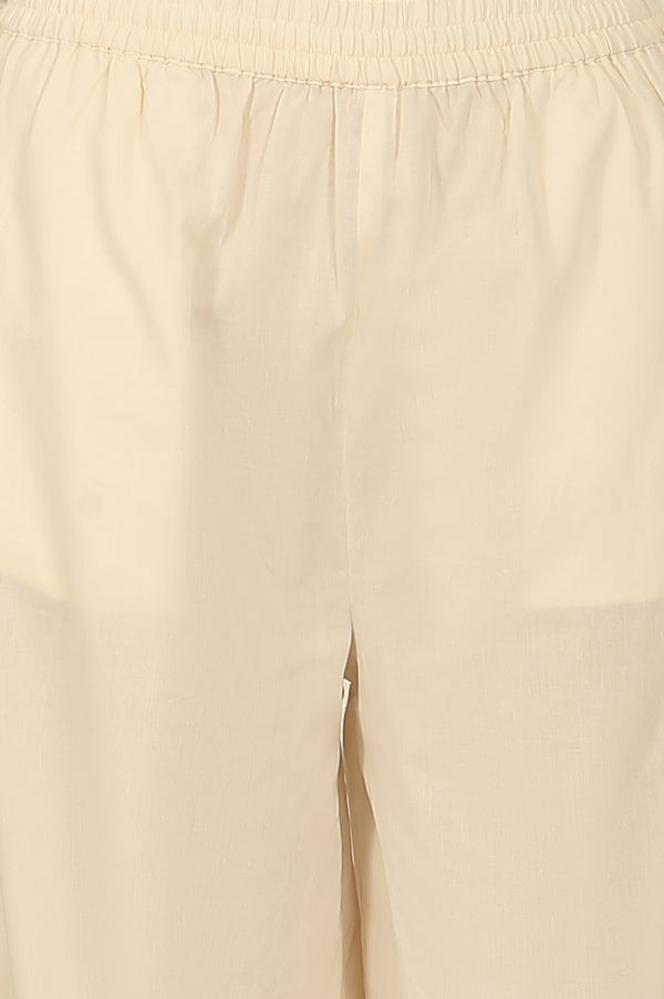 White Embroidered Yoke Cotton Crepe A-line Kurta, Pants and Dupatta Set