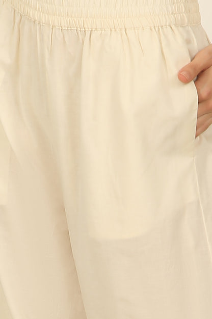 White Embroidered Yoke Cotton Crepe A-line Kurta, Pants and Dupatta Set