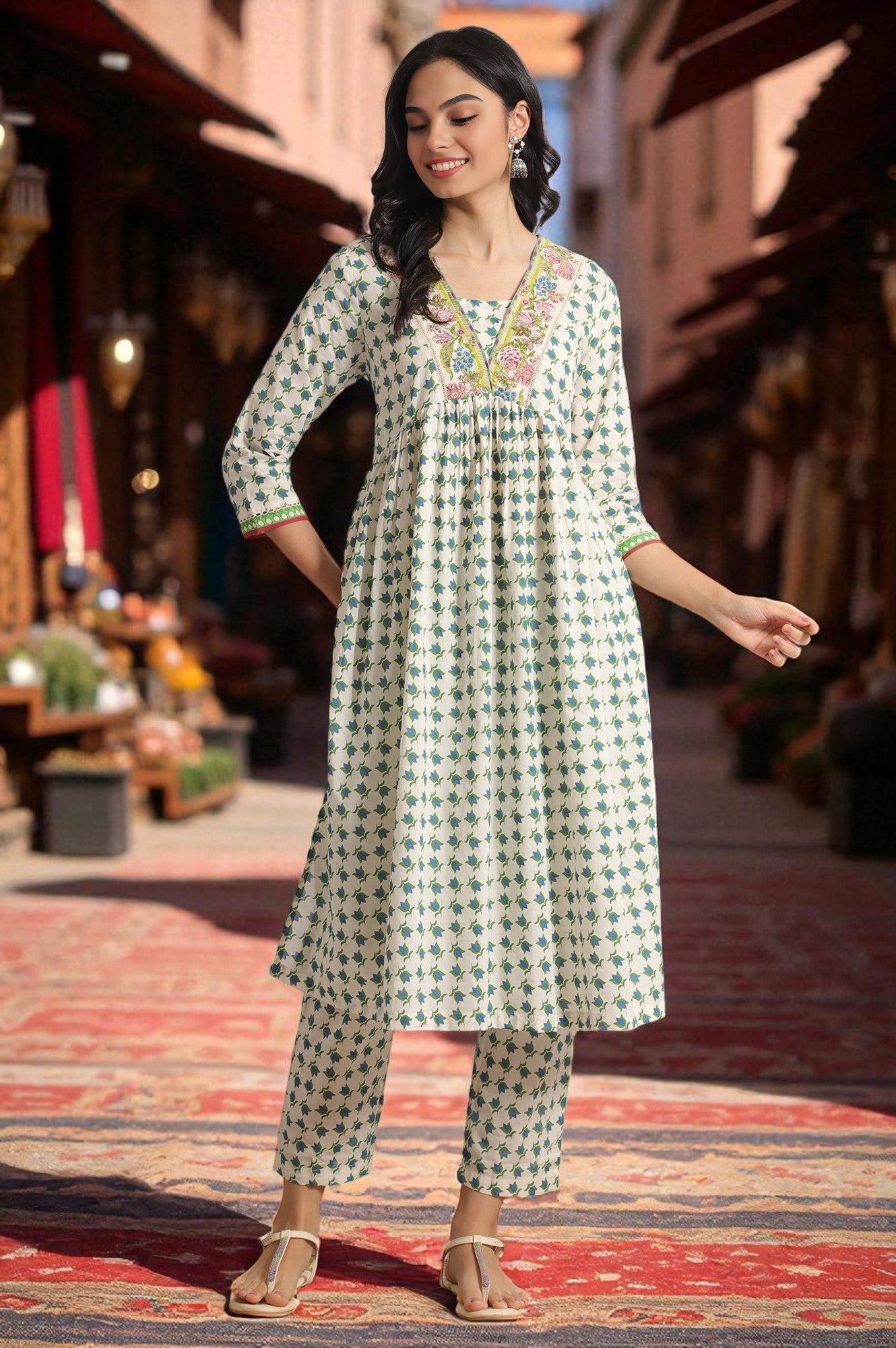 White Lotus Printed Pure Cotton Kurta and Pants Co-ord Set