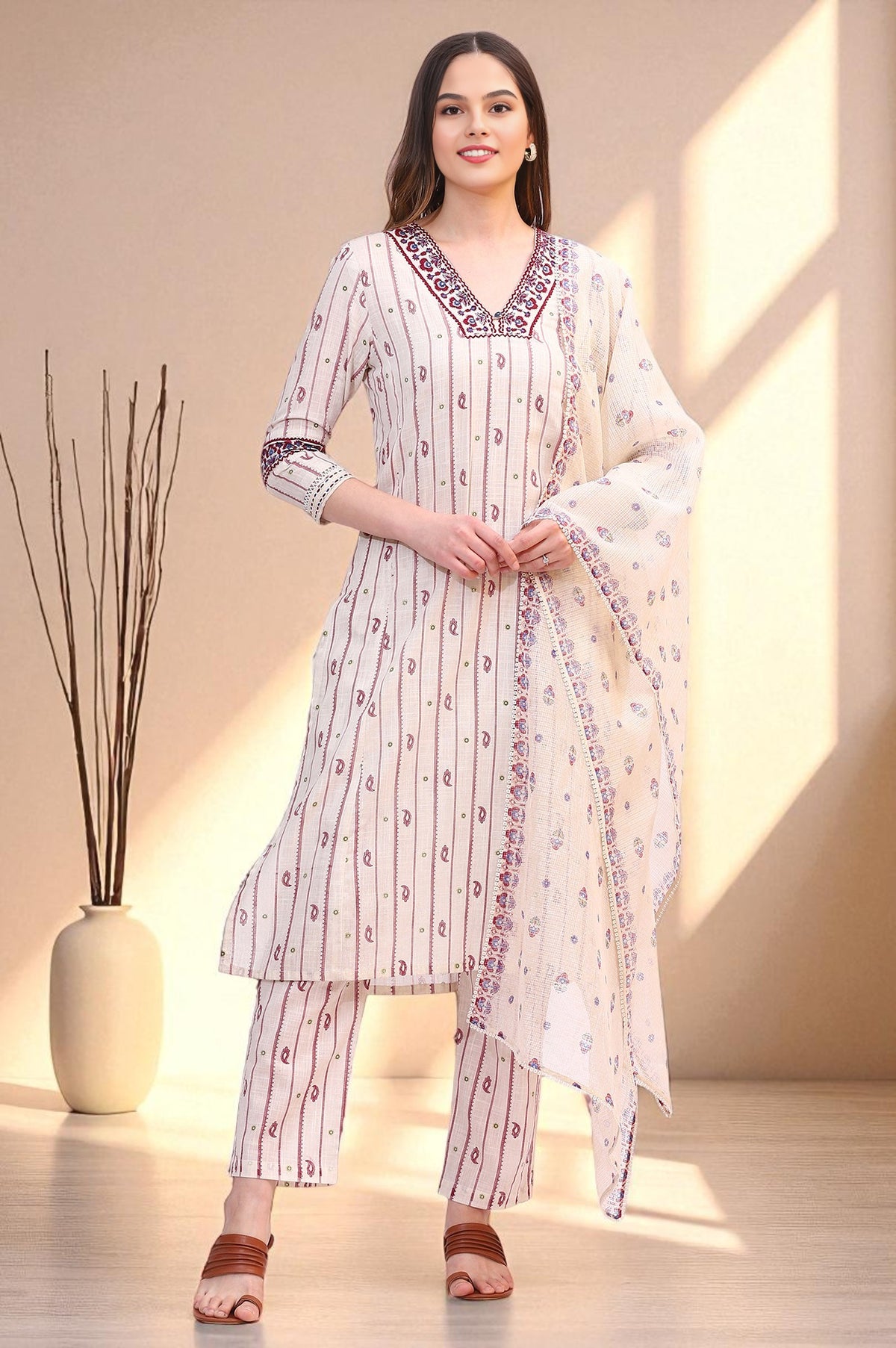 Off-White Paisley Printed Pure Cotton Straight Kurta, Pants and Dupatta Set - S