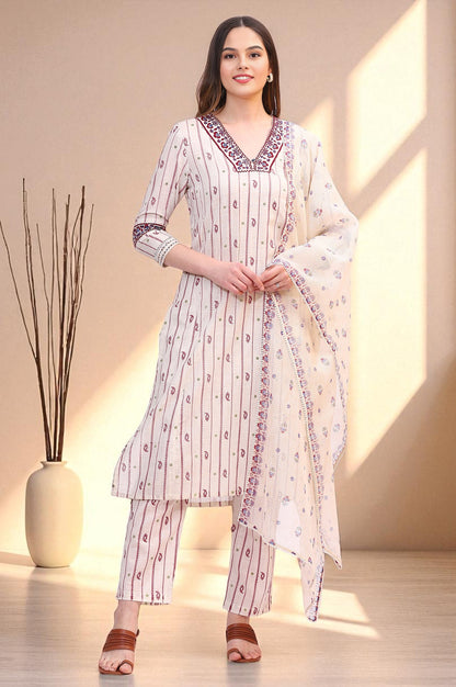 Off-White Paisley Printed Pure Cotton Straight Kurta, Pants and Dupatta Set